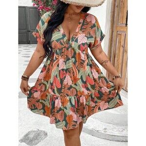 Tropical Swim Cover Up Mini Dress XL Floral Beach Boho Sundress Ruffles Tiered